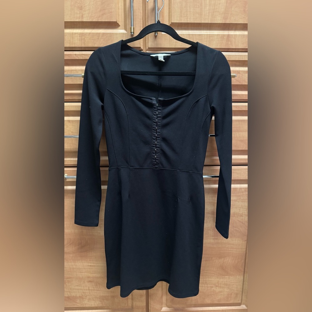 H&M Black Long-Sleeve Square Neck Midi Dress